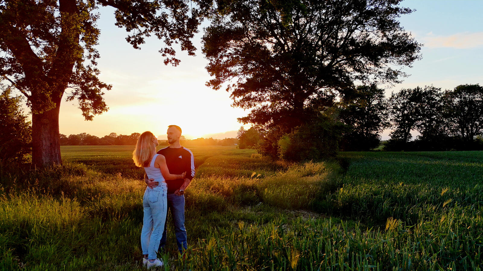 Luftaufnahme eines Pärchens bei Sonnenuntergang – romantisches Paarshooting mit Drohne zur goldenen Stunde auf einem Feld in Schleswig-Holstein